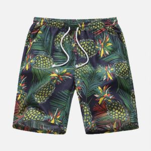 Mens Summer Beach Floral Printed Drawstring Hawaiian Casual Shorts