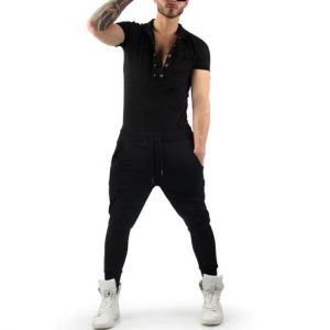 Men Short Sleeve Jumpsuit Lapel Neck Romper Bodybuilding Overalls Pants Playsuit