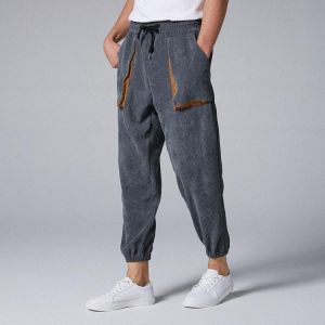 Mens Big Pockets Vintage Pure Color Elastic Waist Casual Jogger Pants