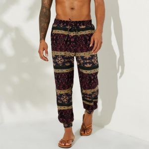 Mens Ethnic Style Printing 100% Cotton Loose Elastic Waist Drawstring Straight Pants