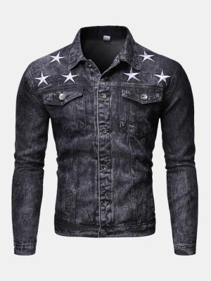 Men's Fashion Print Pocket Decoration Casual Washed Denim Jacket