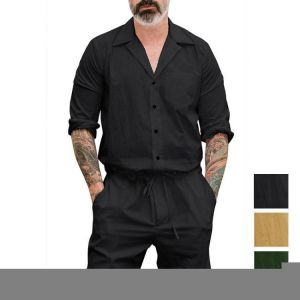 INCERUN Men Solid Color Drawstring Short Jumpsuit