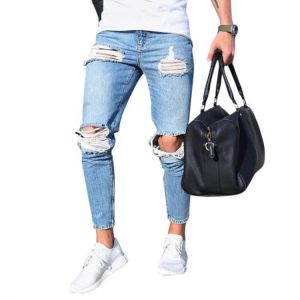 Ripped Stylish Low Waist Skinny Washed Blue Jeans For Men