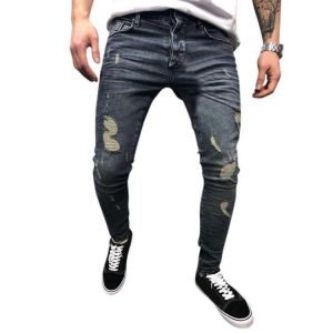 Mens Spring Autumn Denim Pants Holes Slim Fashion Mid Rise Jeans