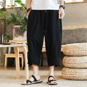Mens Chinese Style Casual Baggy Linen Calf-Length Solid Color Loose Wide Leg Pants