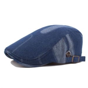 Men Denim Patchwork Beret Hat Buckle Adjustable Sunshade Visor Newsboy Cabbie Cap