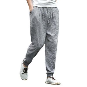 Mens Summer Cotton Linen Breathable Drawstring Solid Color Casual Pants