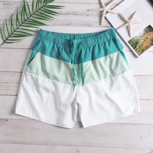 Mens Color Block White Beach Board Shorts Drawstring Quick Dry Mesh Liner With Pocket