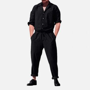 Men Solid Color Drawstring Relaxed Revere Collar Jumpsuit