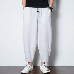 Mens Cotton Linen Solid Color Baggy Drawstring Casual Harem Pants