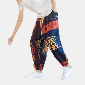 Mens Summer Loose Ethnic Style Printed Drawstring Thin Harem Pants