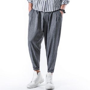 Mens Cotton Breathable Striped Printed Loose Fit Casual Harem Pants