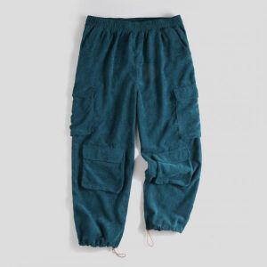 Mens Casual Loose Fit Comfy Multi Pockets Thick Solid Color Pants
