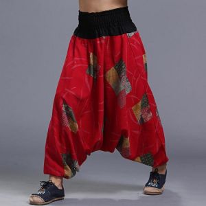 Men's Ethnic Style Printed Loose Wide Leg Pants Casual Baggy Cotton Lantern Pants