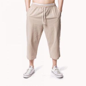 Mens Linen Solid Color Drawstring Calf Length Comfy Casual Pants