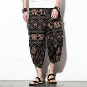 Mens Ethnic Style Printed Calf Length Baggy Loose Drawstring Breathable Cotton Casual Pants
