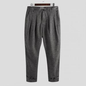Mens Business Solid Color Buttons Design Breathable Casual Straight Pants