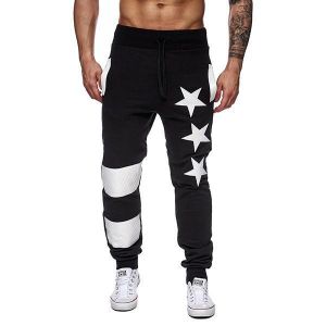 Mens Sport Pants Elastic Waist Drawstring Stars Pattern Casual Pants