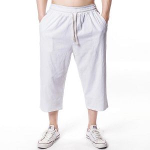 Mens Beach Casual Baggy Linen Calf-Length Pants Solid Color Loose Pants