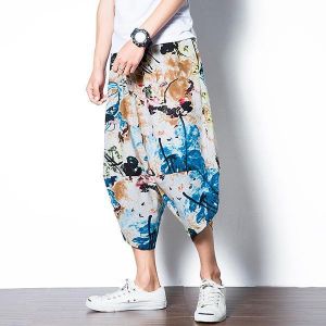 Men's Ethnic Style Printed Baggy Harem Pants Elastic Waist Cotton Loose Wide Leg Pants