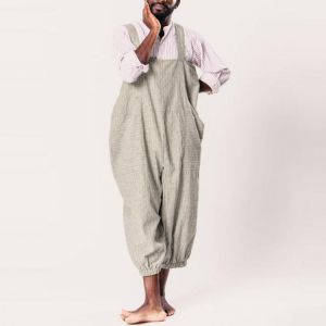 INCERUN Mens Striped Printing Multi Big Pocket Drawstring Loose Overalls Baggy Pants Rompers