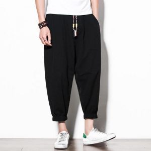 shopping מכנסיים Mens Vintage Cotton Linen Solid Color Loose Fit Casual Harem Pants