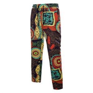 Mens Chinese Style Trousers Elastic Waist Ethnic Style Printed Straight Pants