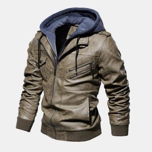 Mens Fashion PU Hooded Zipper Jacket Warm Thick Leather Coat