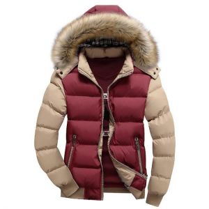 Mens Thick Warm Coat Color Splicing Detachable Hooded Puffer Jacket