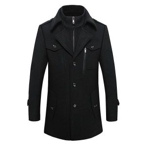 Winter Men's Unique Collar Warm Wool Trench Fashion Zipper Button Thick Jacket Coat