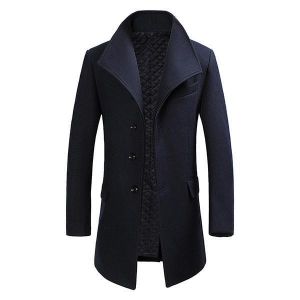 Mens Winter Single-breasted Woolen Blended Trench Coat Fashion Solid Color Overcoat
