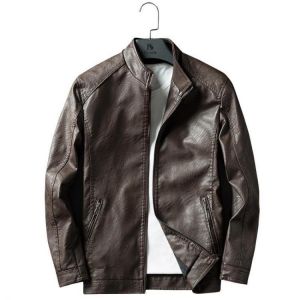 shopping מעילים וג׳קטים Men Zipper Dual Pockets Stand Collar Leather Jacket