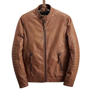shopping מעילים וג׳קטים Stylish Biker Stand Collar Zipper Pockets PU Leather Motorcycle Jackets for Men