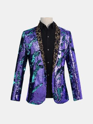 Mens Reversible Double Color Sequin Dress Suit Stage Wedding Floral Collar Casual Blazers