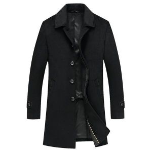 Black Business Stylish Woolen Overcoat Mid Long Trench Coat Jacket for Men