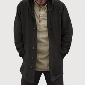Mens Vintage Chinese Style Cotton Hooded Buckle Big Pocket Plus Size Coats