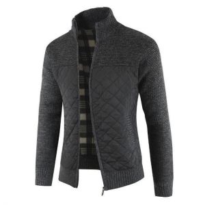 Mens Winter Casual Fleece Thick Stitching Knitted Coats Stand Collar Warm Jacket