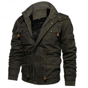 Mens Winter Fleece Warm Hooded Multi Pockets Casual Cotton Jacket