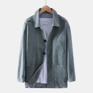 Vintage Corduroy Double Pockets Mens Long Sleeve Casual Coats