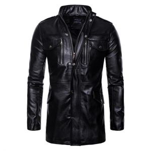 Mens Mid Long Black Stand Collar Pocket Biker Faux Leather Jacket