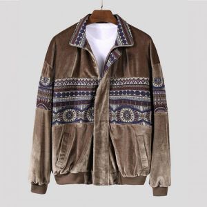 Men Ethnic Pattern Stitching Velvet Vintage Jacket