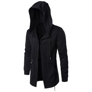 Mens Black Fashion Casual Mid Long Cloakman Cloak Hooded Jacket