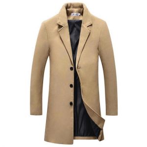 Mens Mid Long Solid Color Single Breasted Slim Fit Casual Business Trench Jacket