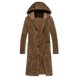 Mens Double Sided Wearable Shearling Coat Hooded Mid Long Faux Fur Woolen Coats