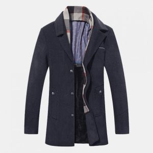 Mens Scarf Detachable Stand Collar Buttons Thickened Coats Warm Casual Jacket