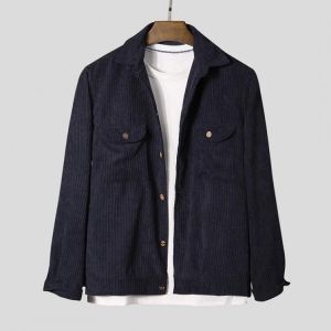 Mens Corduroy Vintage Solid Color Long Sleeve Double Pocket Coat