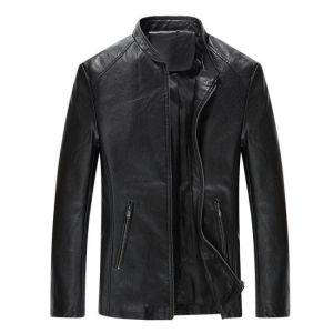 Men Zipper Stand Collar Leather Jacket