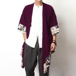 Mens Big Size Summer Loose Vintage Cotton Cloak Sleeve Printing Splice Coats