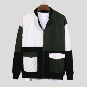 Men Corduroy Color Block Dual Pockets Zipper Coats