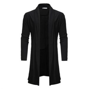 Mens Casual Solid Color Irregular Hem Mid Long Jacket Draped Woollen Cardigans